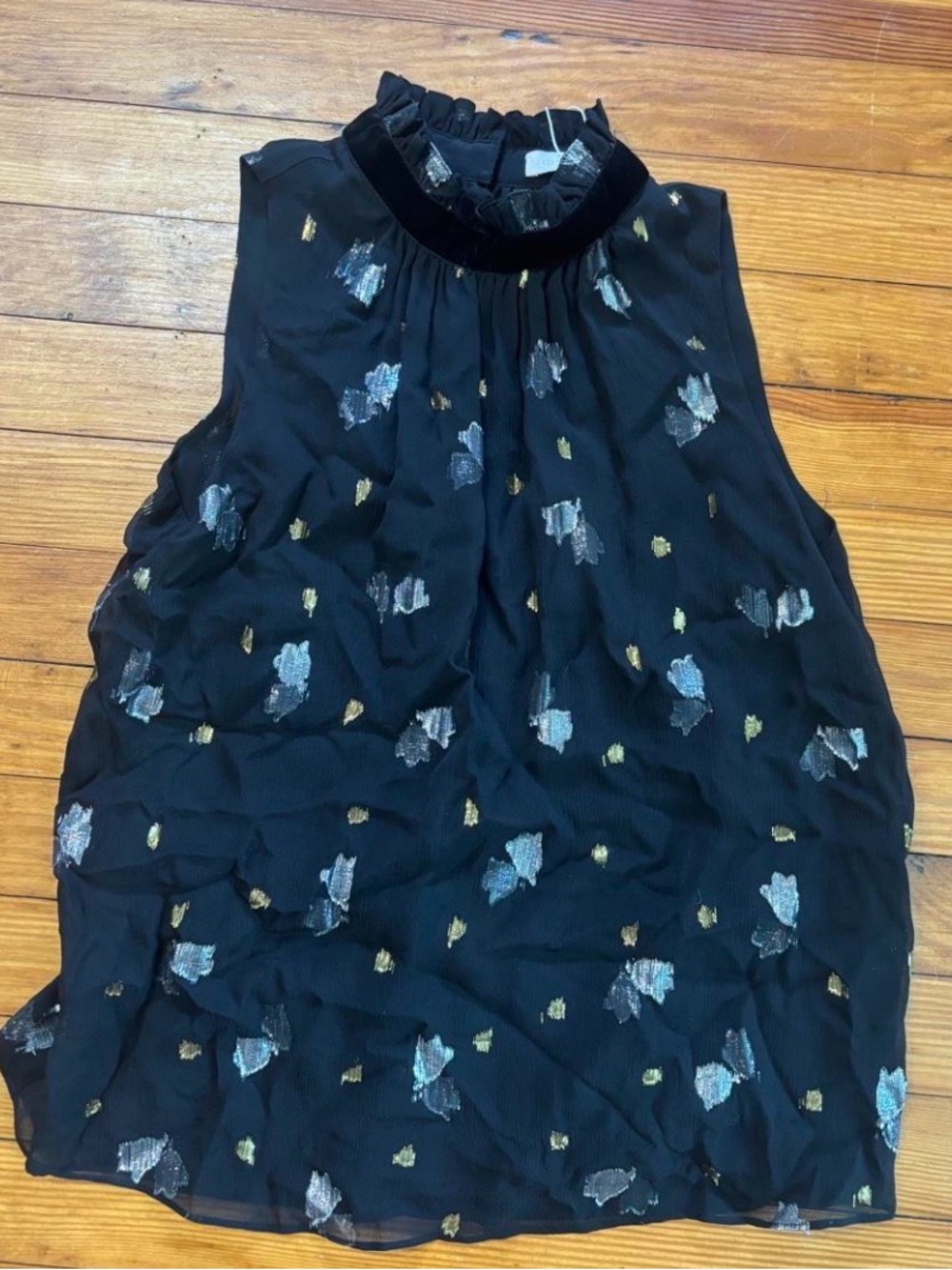 Rebecca Taylor Black Sleeveless Mock-Neck Camisole with Silver & Gold Accents